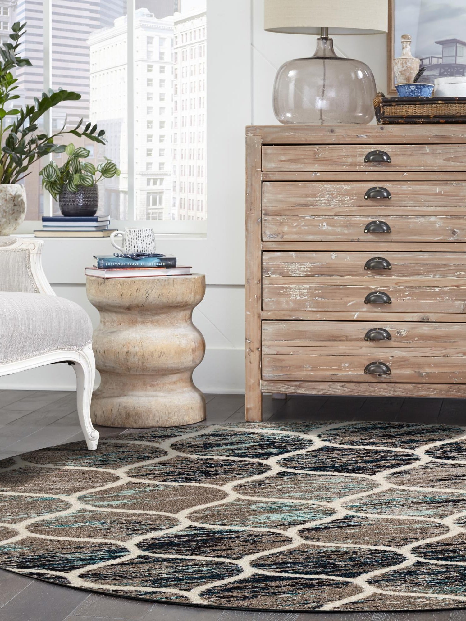 Blue Multicolor 5' 3 x 5' 3 Trellis Frieze Round Area Rug Geometric Modern Unique Stain Resistant Easy Clean Carpet for Living, Dining, Bedrooms, Office for Sale at Rug Engine