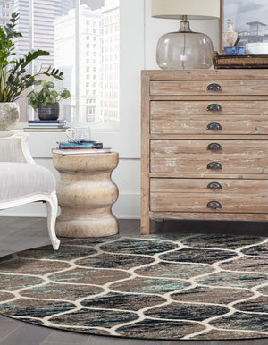 Blue Multicolor 7' 1 x 7' 1 Trellis Frieze Round Area Rug Geometric Modern Unique Stain Resistant Easy Clean Carpet for Living, Dining, Bedrooms, Office for Sale at Rug Engine