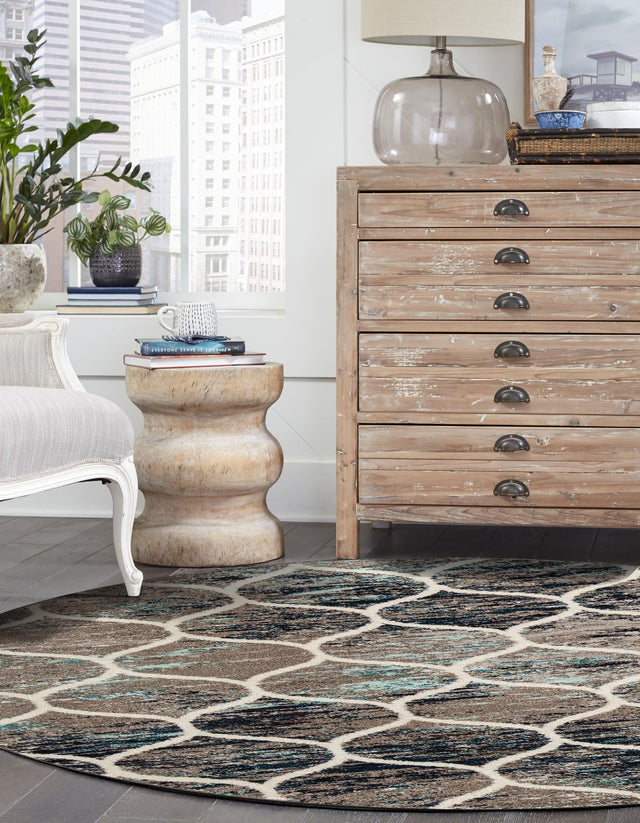 Blue Multicolor 7' 1 x 7' 1 Trellis Frieze Round Area Rug Geometric Modern Unique Stain Resistant Easy Clean Carpet for Living, Dining, Bedrooms, Office for Sale at Rug Engine