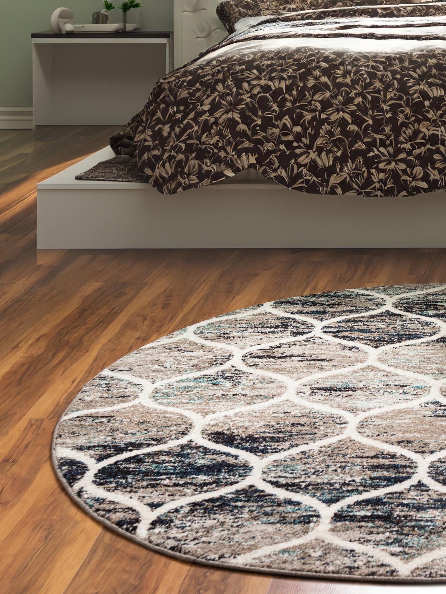 Blue Multicolor 7' 1 x 7' 1 Trellis Frieze Round Area Rug Geometric Modern Unique Stain Resistant Easy Clean Carpet for Living, Dining, Bedrooms, Office for Sale at Rug Engine