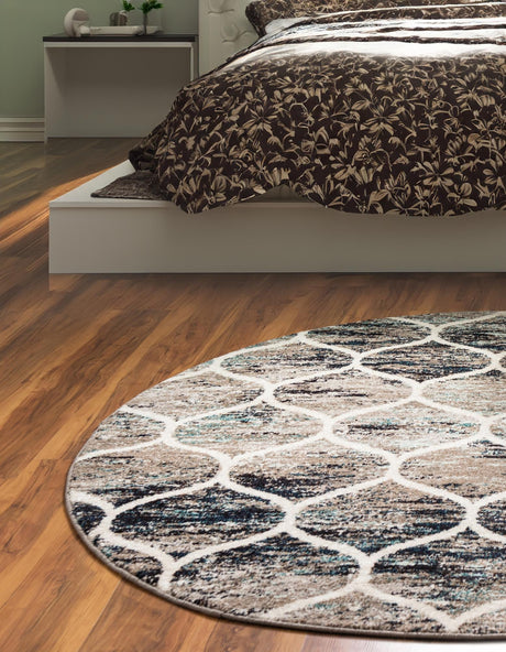 Blue Multicolor 7' 1 x 7' 1 Trellis Frieze Round Area Rug Geometric Modern Unique Stain Resistant Easy Clean Carpet for Living, Dining, Bedrooms, Office for Sale at Rug Engine
