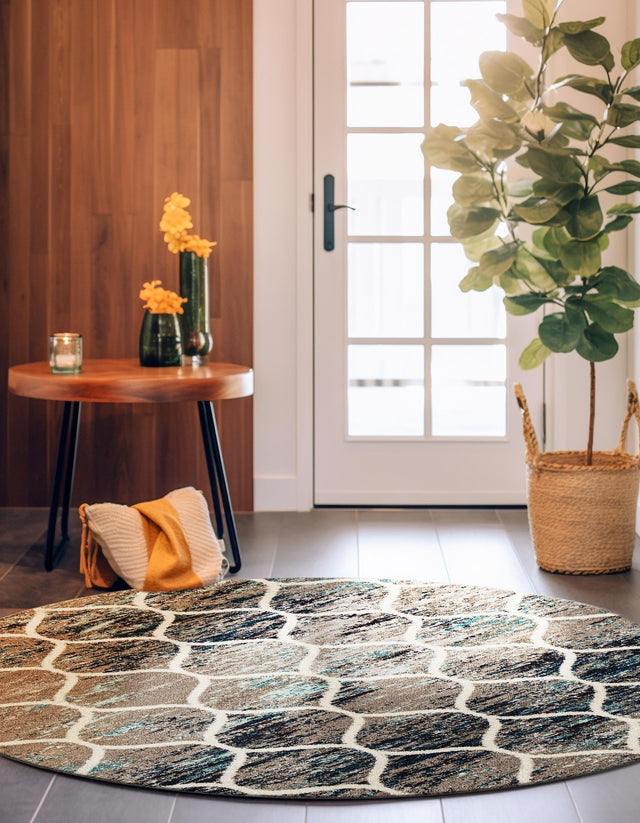 Blue Multicolor 7' 1 x 7' 1 Trellis Frieze Round Area Rug Geometric Modern Unique Stain Resistant Easy Clean Carpet for Living, Dining, Bedrooms, Office for Sale at Rug Engine