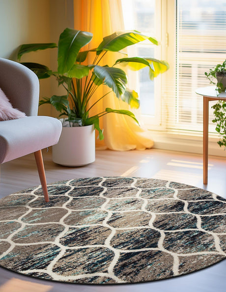 Blue Multicolor 7' 1 x 7' 1 Trellis Frieze Round Area Rug Geometric Modern Unique Stain Resistant Easy Clean Carpet for Living, Dining, Bedrooms, Office for Sale at Rug Engine