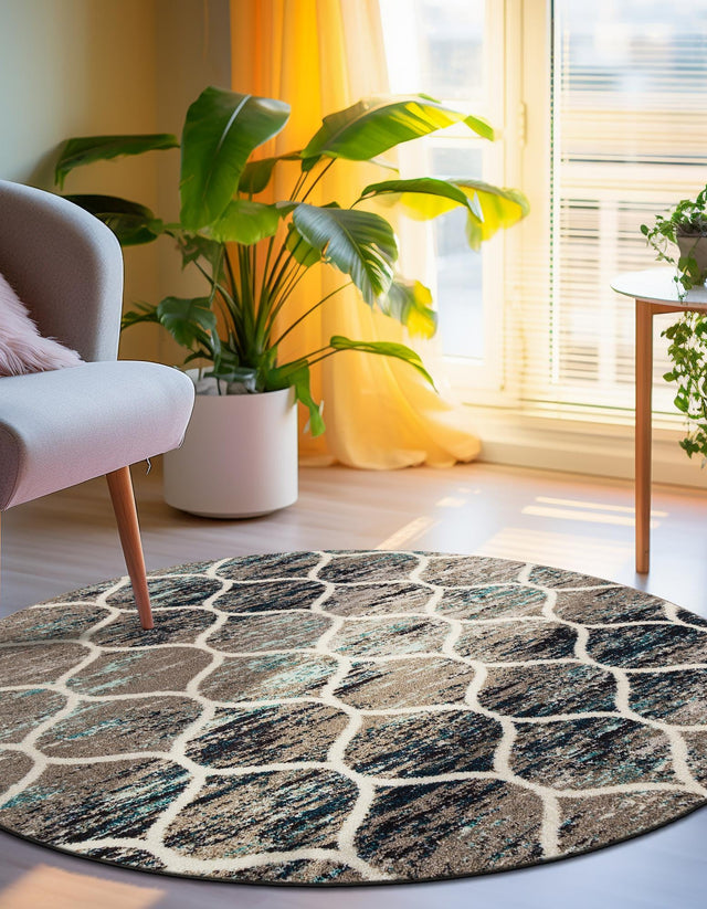 Blue Multicolor 7' 1 x 7' 1 Trellis Frieze Round Area Rug Geometric Modern Unique Stain Resistant Easy Clean Carpet for Living, Dining, Bedrooms, Office for Sale at Rug Engine