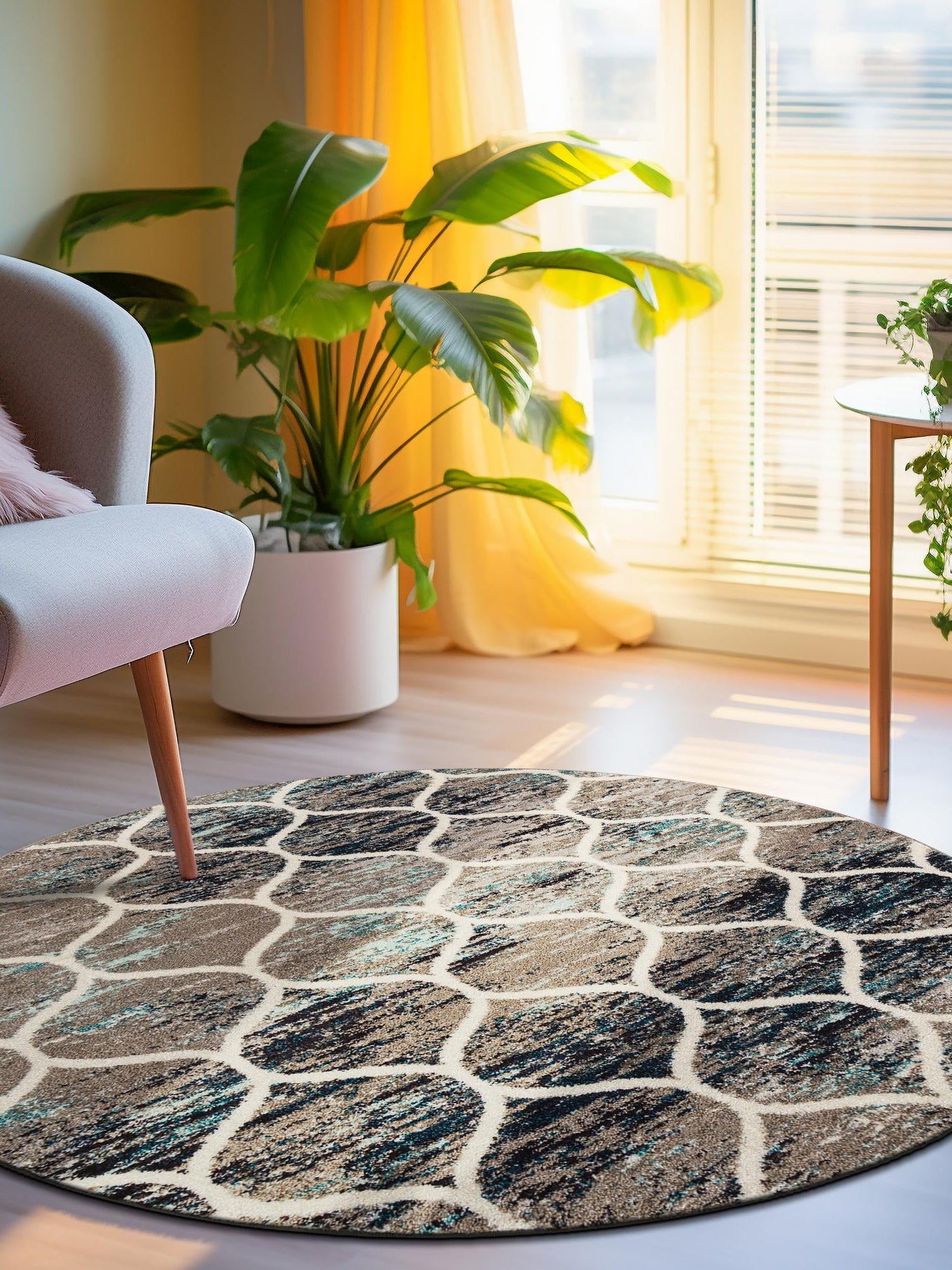 Blue Multicolor 3' 1 x 3' 1 Trellis Frieze Round Area Rug Geometric Modern Unique Stain Resistant Easy Clean Carpet for Living, Dining, Bedrooms, Office for Sale at Rug Engine