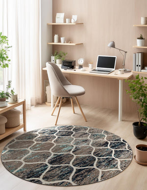 Blue Multicolor 7' 1 x 7' 1 Trellis Frieze Round Area Rug Geometric Modern Unique Stain Resistant Easy Clean Carpet for Living, Dining, Bedrooms, Office for Sale at Rug Engine