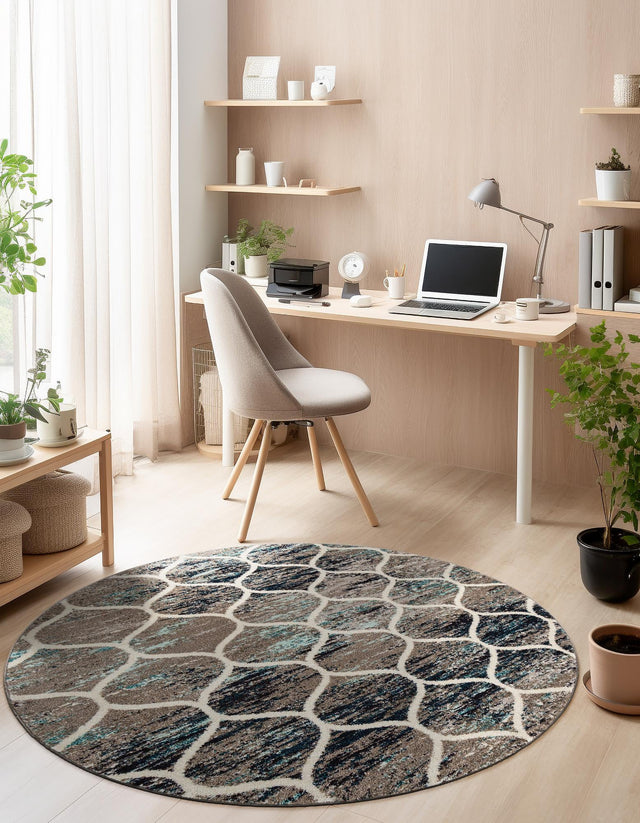Blue Multicolor 7' 1 x 7' 1 Trellis Frieze Round Area Rug Geometric Modern Unique Stain Resistant Easy Clean Carpet for Living, Dining, Bedrooms, Office for Sale at Rug Engine