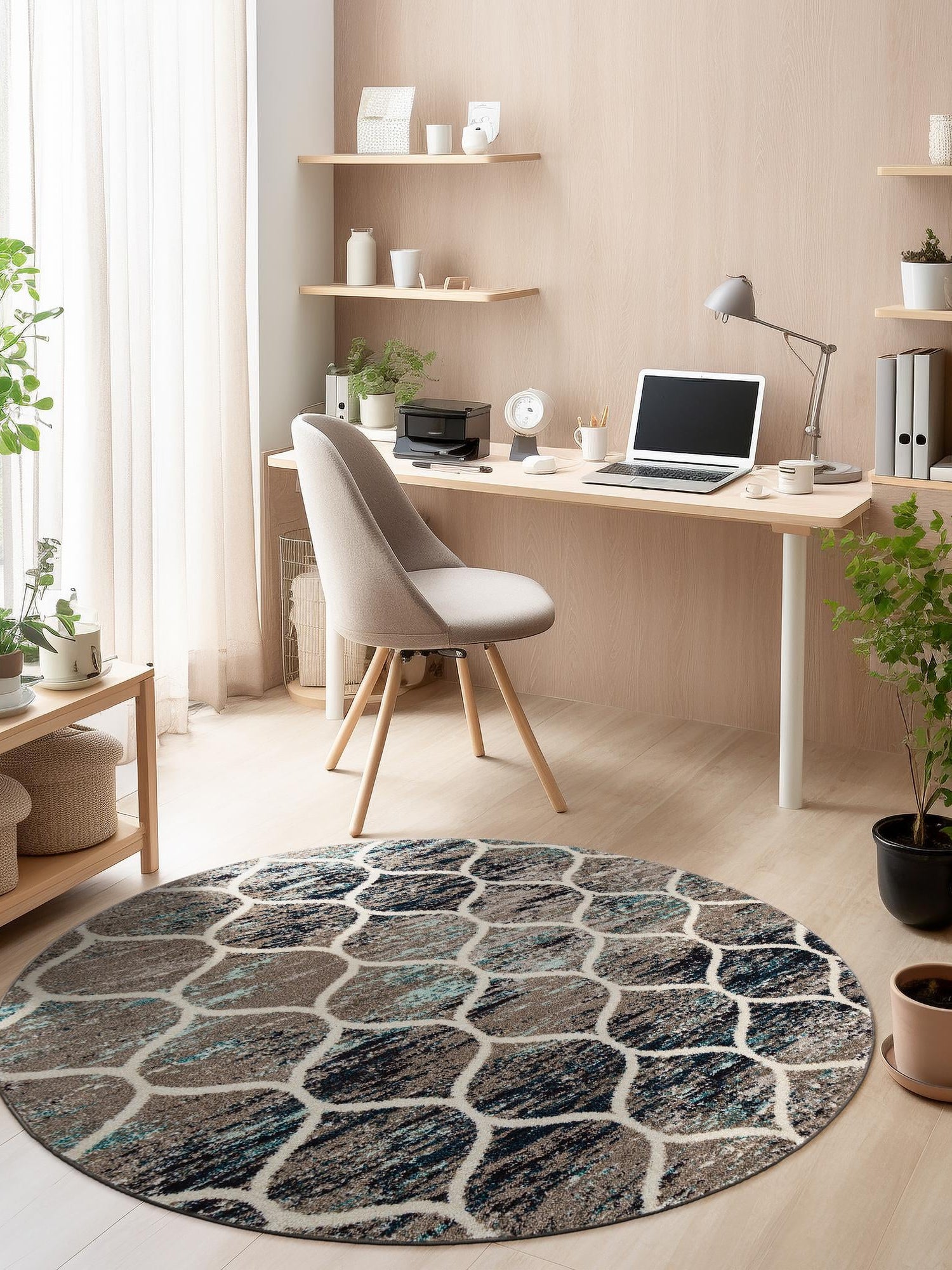 Blue Multicolor 3' 1 x 3' 1 Trellis Frieze Round Area Rug Geometric Modern Unique Stain Resistant Easy Clean Carpet for Living, Dining, Bedrooms, Office for Sale at Rug Engine