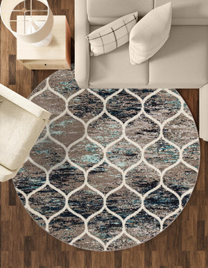 Blue Multicolor 7' 1 x 7' 1 Trellis Frieze Round Area Rug Geometric Modern Unique Stain Resistant Easy Clean Carpet for Living, Dining, Bedrooms, Office for Sale at Rug Engine