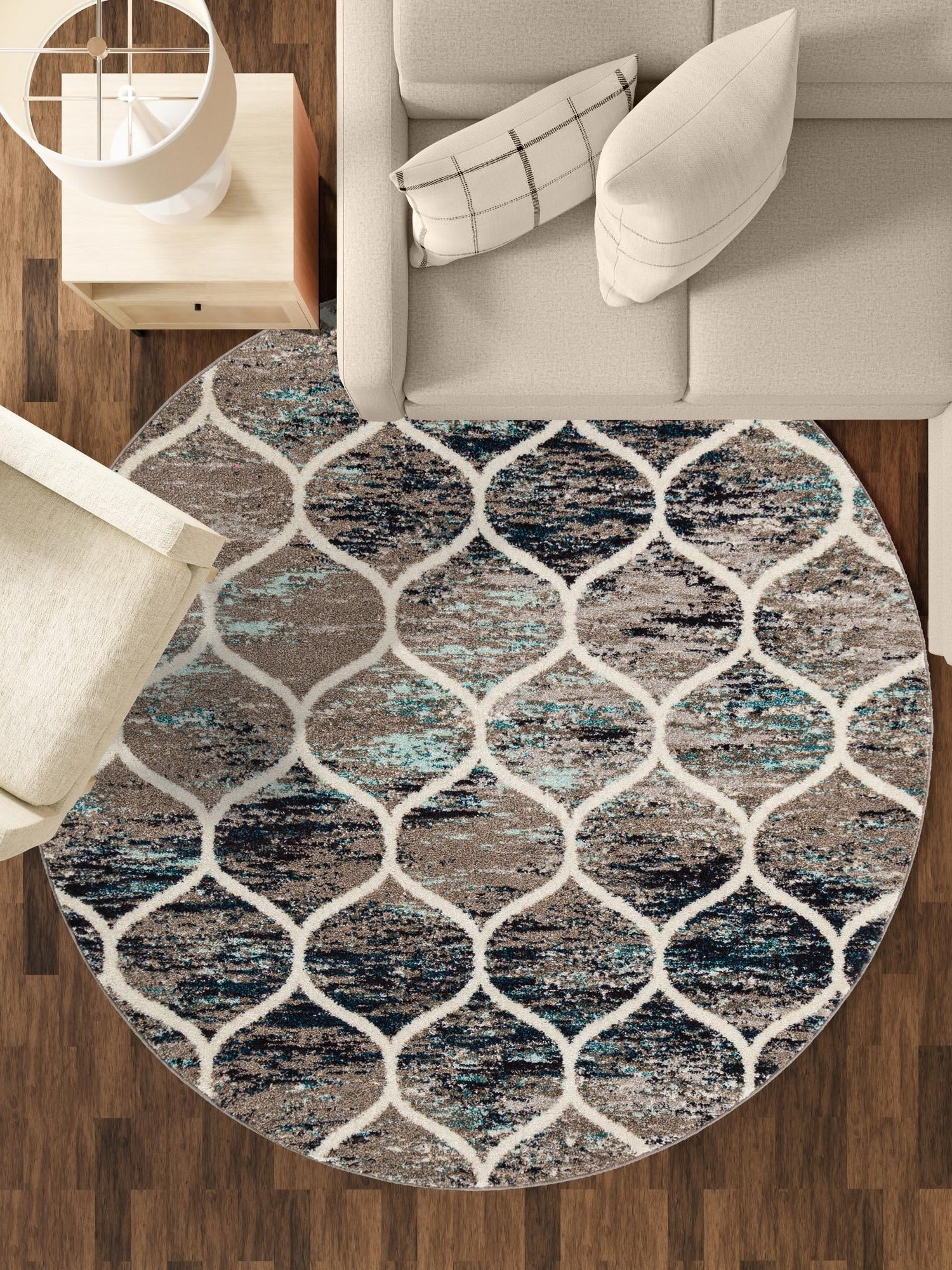 Blue Multicolor 10' x 10' Trellis Frieze Round Area Rug Geometric Modern Unique Stain Resistant Easy Clean Carpet for Living, Dining, Bedrooms, Office for Sale at Rug Engine