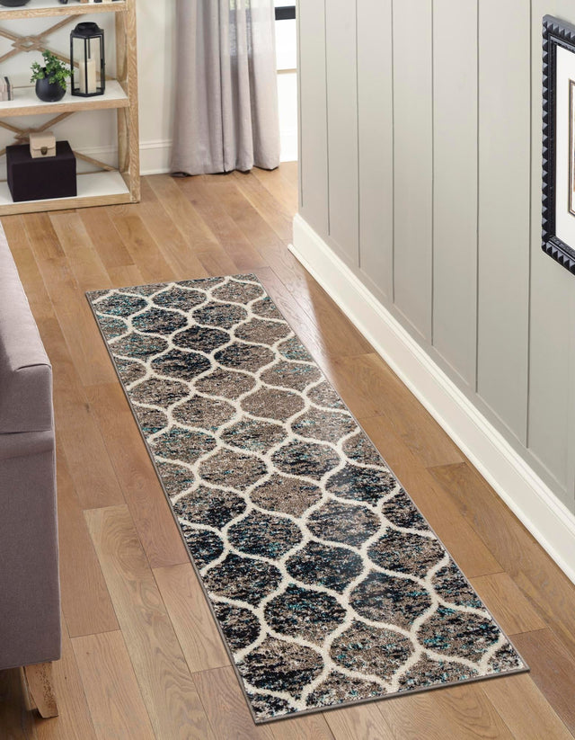 Blue Multicolor 2' 7 x 11' Trellis Frieze Runner Area Rug Geometric Modern Unique Stain Resistant Easy Clean Carpet for Living, Dining, Bedrooms, Office for Sale at Rug Engine