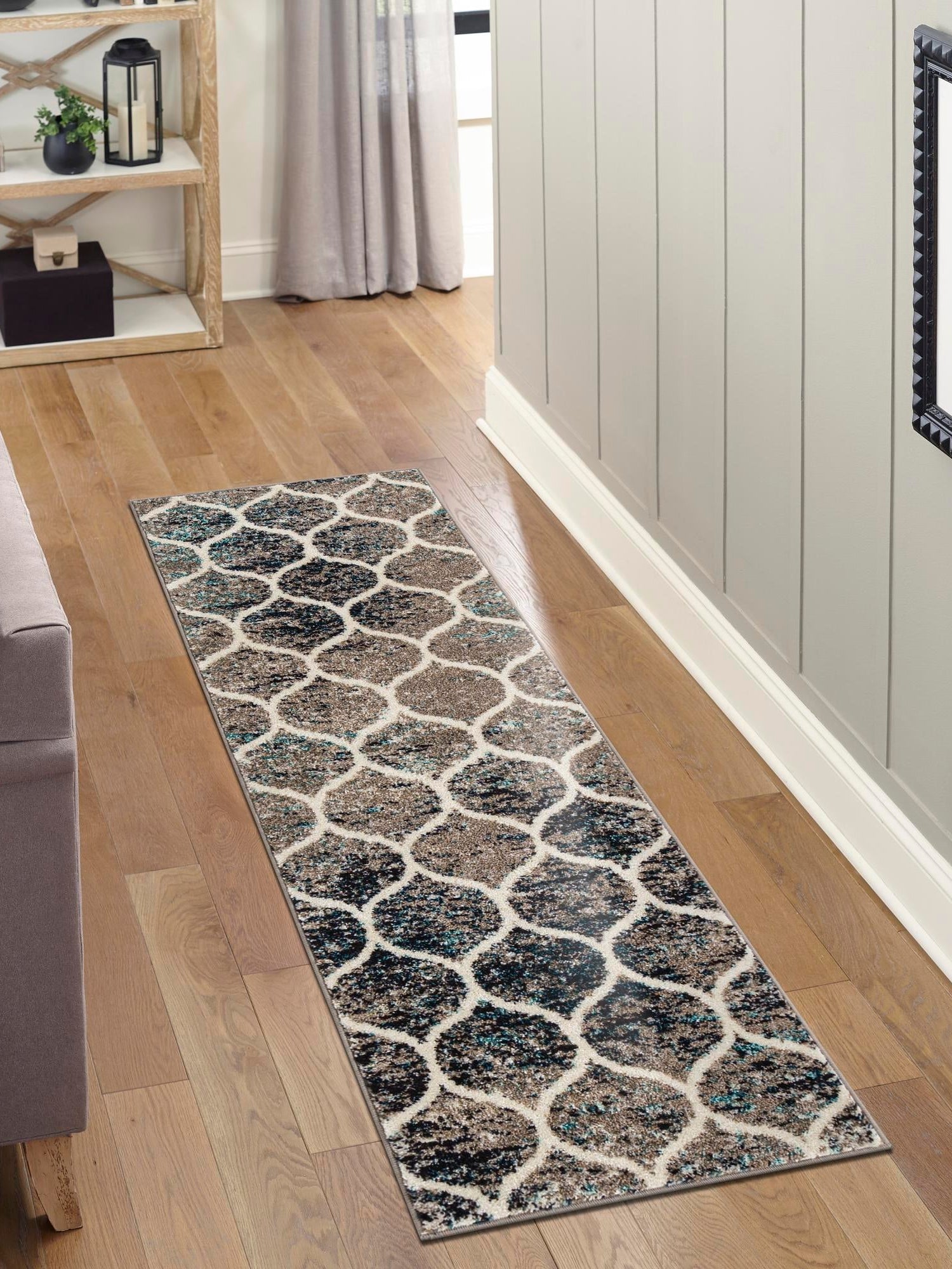 Blue Multicolor 2' x 5' 3 Trellis Frieze Runner Area Rug Geometric Modern Unique Stain Resistant Easy Clean Carpet for Living, Dining, Bedrooms, Office for Sale at Rug Engine
