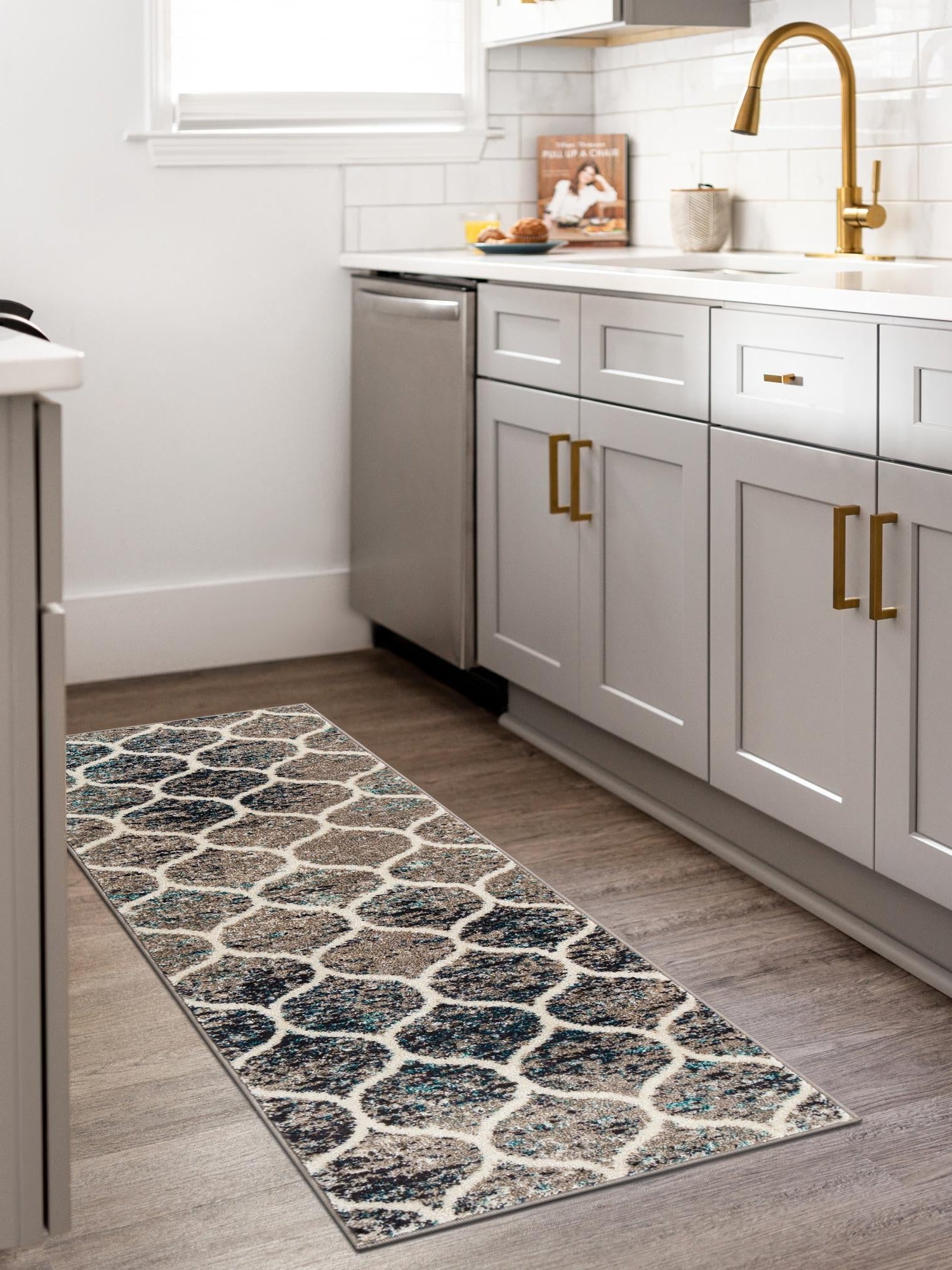 Blue Multicolor 2' x 7' 1 Trellis Frieze Runner Area Rug Geometric Modern Unique Stain Resistant Easy Clean Carpet for Living, Dining, Bedrooms, Office for Sale at Rug Engine