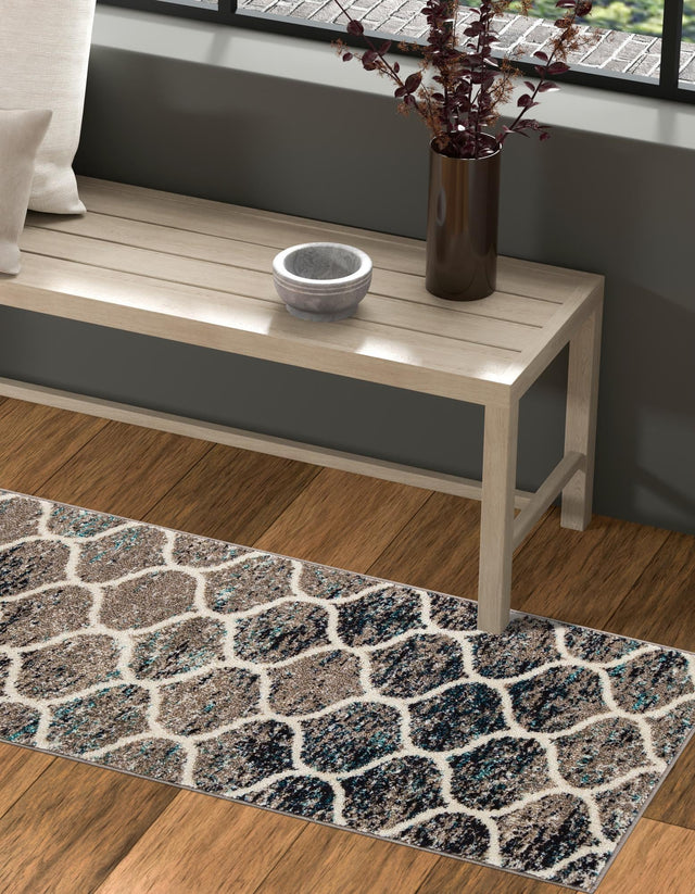 Blue Multicolor 2' x 4' 1 Trellis Frieze Runner Area Rug Geometric Modern Unique Stain Resistant Easy Clean Carpet for Living, Dining, Bedrooms, Office for Sale at Rug Engine