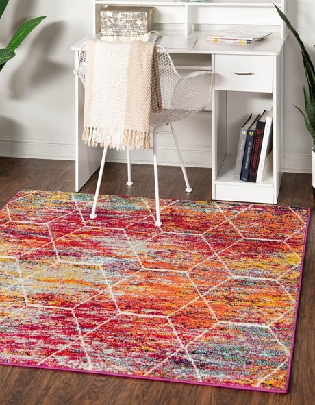 Multicolor 7' 1 x 7' 1 Trellis Frieze Square Area Rug Geometric Modern Unique Stain Resistant Easy Clean Carpet for Living, Dining, Bedrooms, Office for Sale at Rug Engine