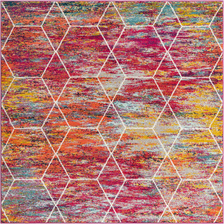 Multicolor 7' 1 x 7' 1 Trellis Frieze Square Area Rug Geometric Modern Unique Stain Resistant Easy Clean Carpet for Living, Dining, Bedrooms, Office for Sale at Rug Engine