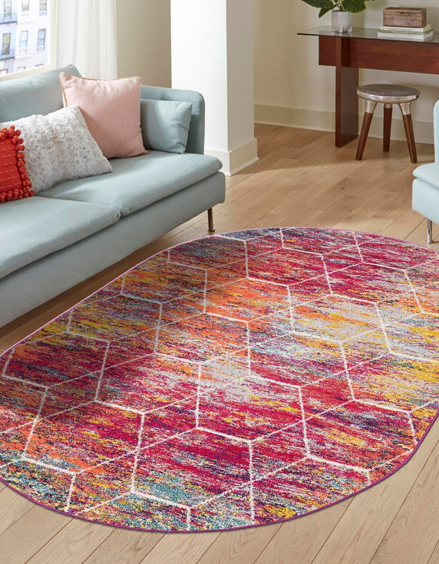 Multicolor 3' 1 x 5' 3 Trellis Frieze Oval Area Rug Geometric Modern Unique Stain Resistant Easy Clean Carpet for Living, Dining, Bedrooms, Office for Sale at Rug Engine