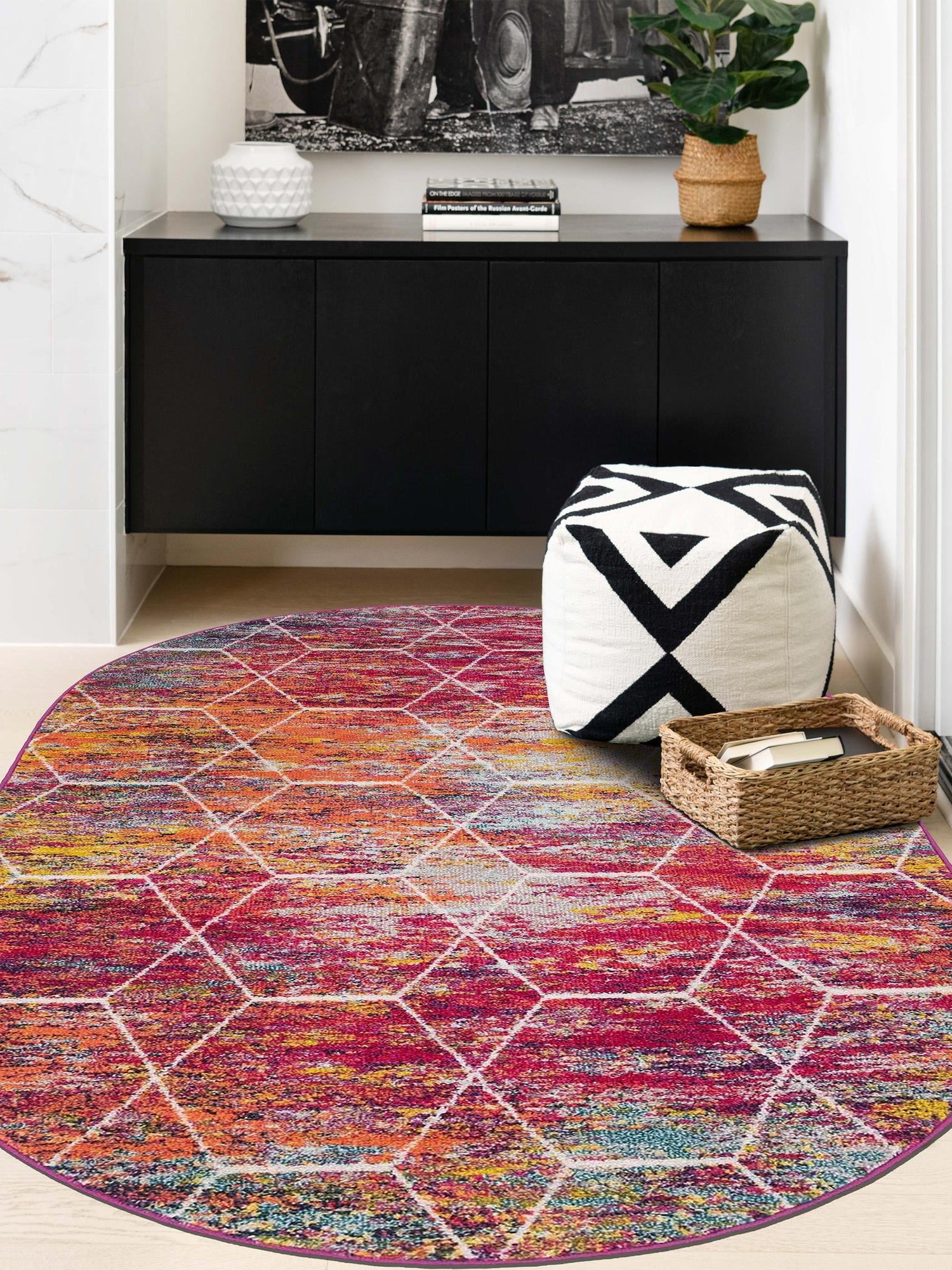 Multicolor 7' 1 x 10' Trellis Frieze Oval Area Rug Geometric Modern Unique Stain Resistant Easy Clean Carpet for Living, Dining, Bedrooms, Office for Sale at Rug Engine