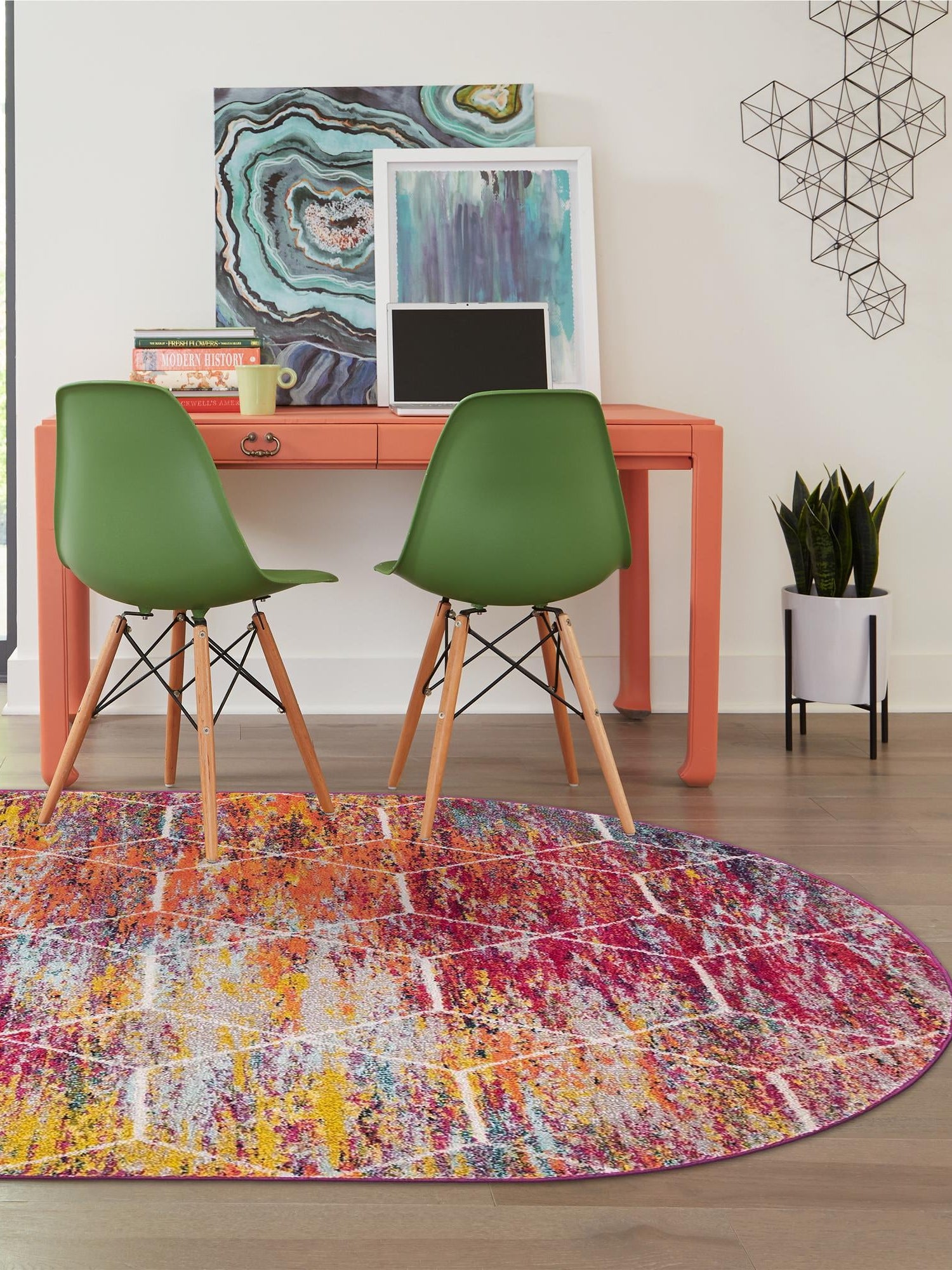 Multicolor 7' 1 x 10' Trellis Frieze Oval Area Rug Geometric Modern Unique Stain Resistant Easy Clean Carpet for Living, Dining, Bedrooms, Office for Sale at Rug Engine