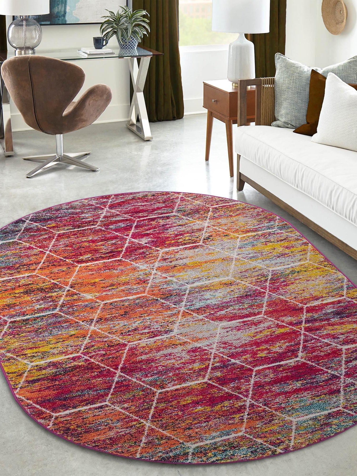 Multicolor 2' x 3' 1 Trellis Frieze Oval Area Rug Geometric Modern Unique Stain Resistant Easy Clean Carpet for Living, Dining, Bedrooms, Office for Sale at Rug Engine