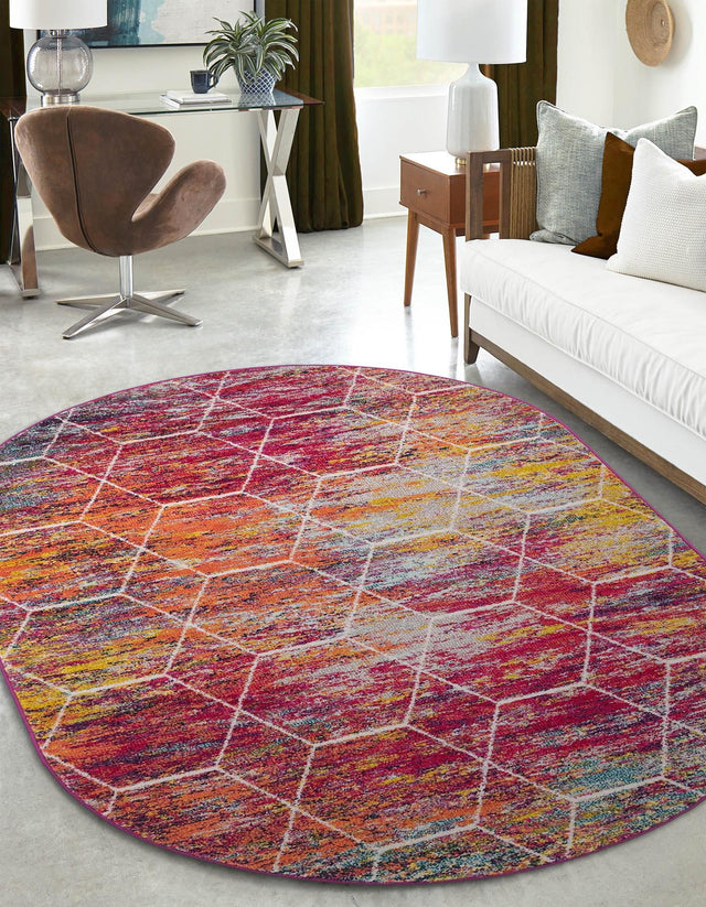 Multicolor 7' 1 x 10' Trellis Frieze Oval Area Rug Geometric Modern Unique Stain Resistant Easy Clean Carpet for Living, Dining, Bedrooms, Office for Sale at Rug Engine