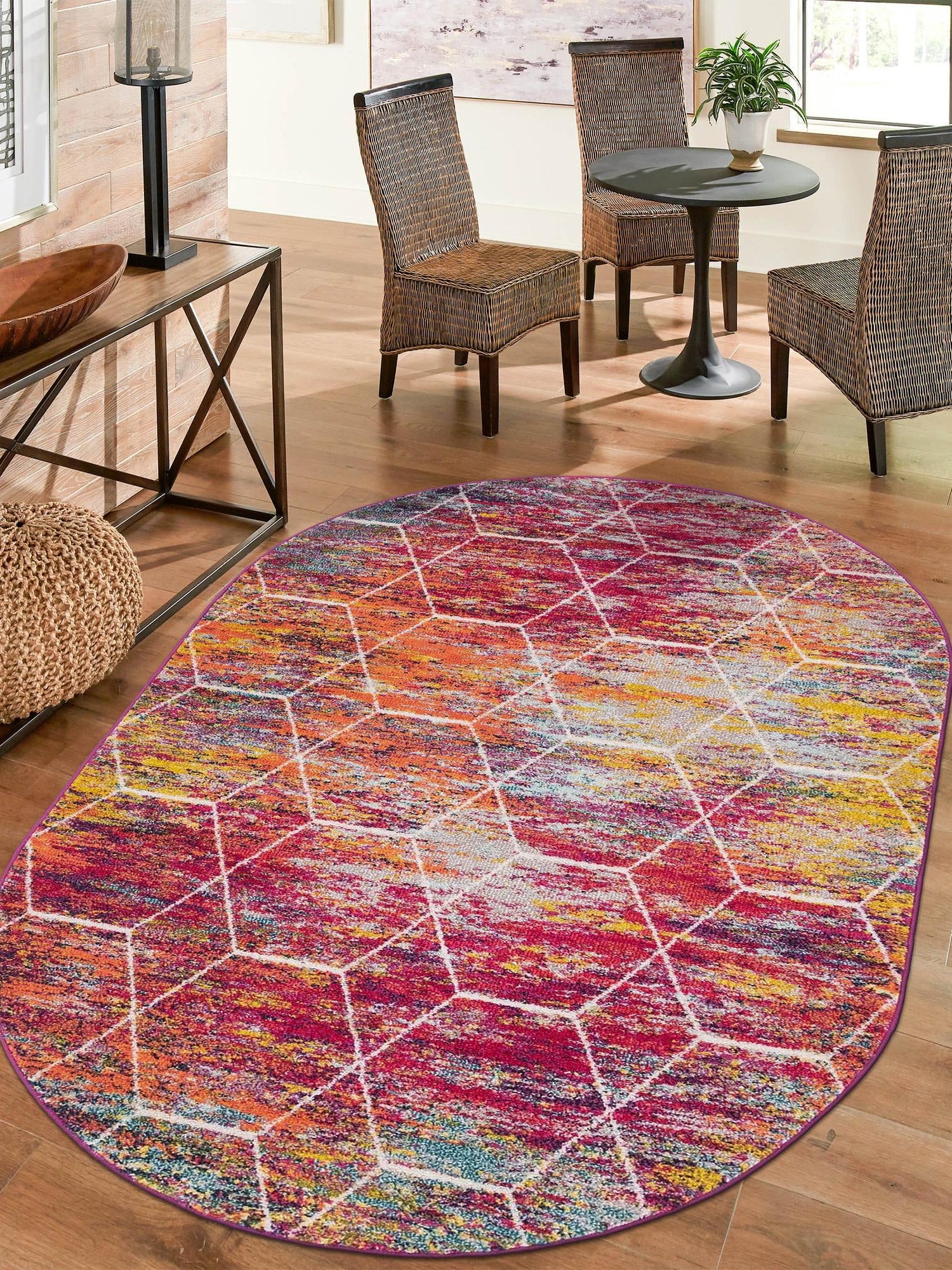 Multicolor 5' 3 x 8' Trellis Frieze Oval Area Rug Geometric Modern Unique Stain Resistant Easy Clean Carpet for Living, Dining, Bedrooms, Office for Sale at Rug Engine