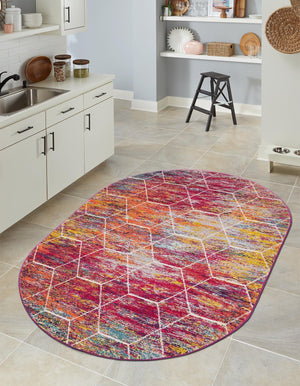 Multicolor 2' x 3' 1 Trellis Frieze Oval Area Rug Geometric Modern Unique Stain Resistant Easy Clean Carpet for Living, Dining, Bedrooms, Office for Sale at Rug Engine
