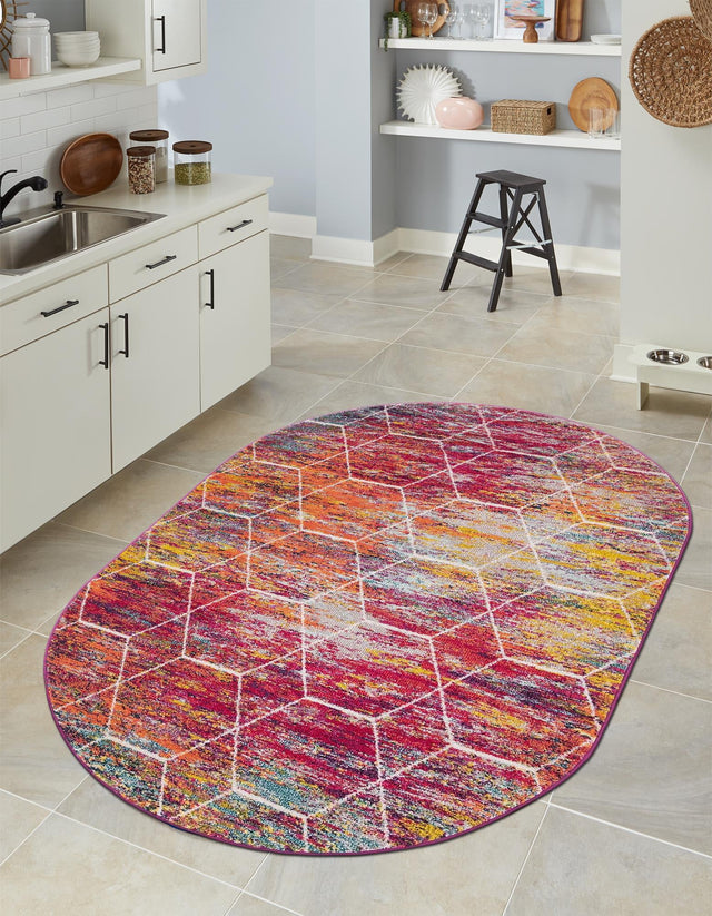 Multicolor 3' 1 x 5' 3 Trellis Frieze Oval Area Rug Geometric Modern Unique Stain Resistant Easy Clean Carpet for Living, Dining, Bedrooms, Office for Sale at Rug Engine