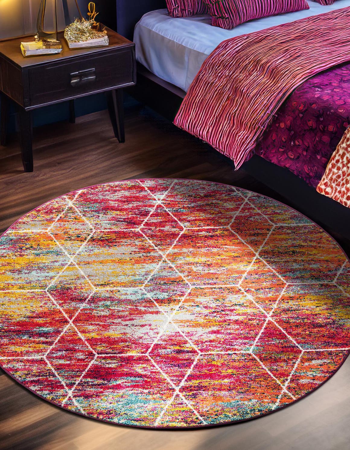 Multicolor 5' 3 x 5' 3 Trellis Frieze Round Area Rug Geometric Modern Unique Stain Resistant Easy Clean Carpet for Living, Dining, Bedrooms, Office for Sale at Rug Engine