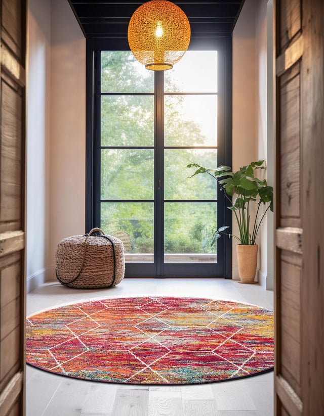 Multicolor 5' 3 x 5' 3 Trellis Frieze Round Area Rug Geometric Modern Unique Stain Resistant Easy Clean Carpet for Living, Dining, Bedrooms, Office for Sale at Rug Engine