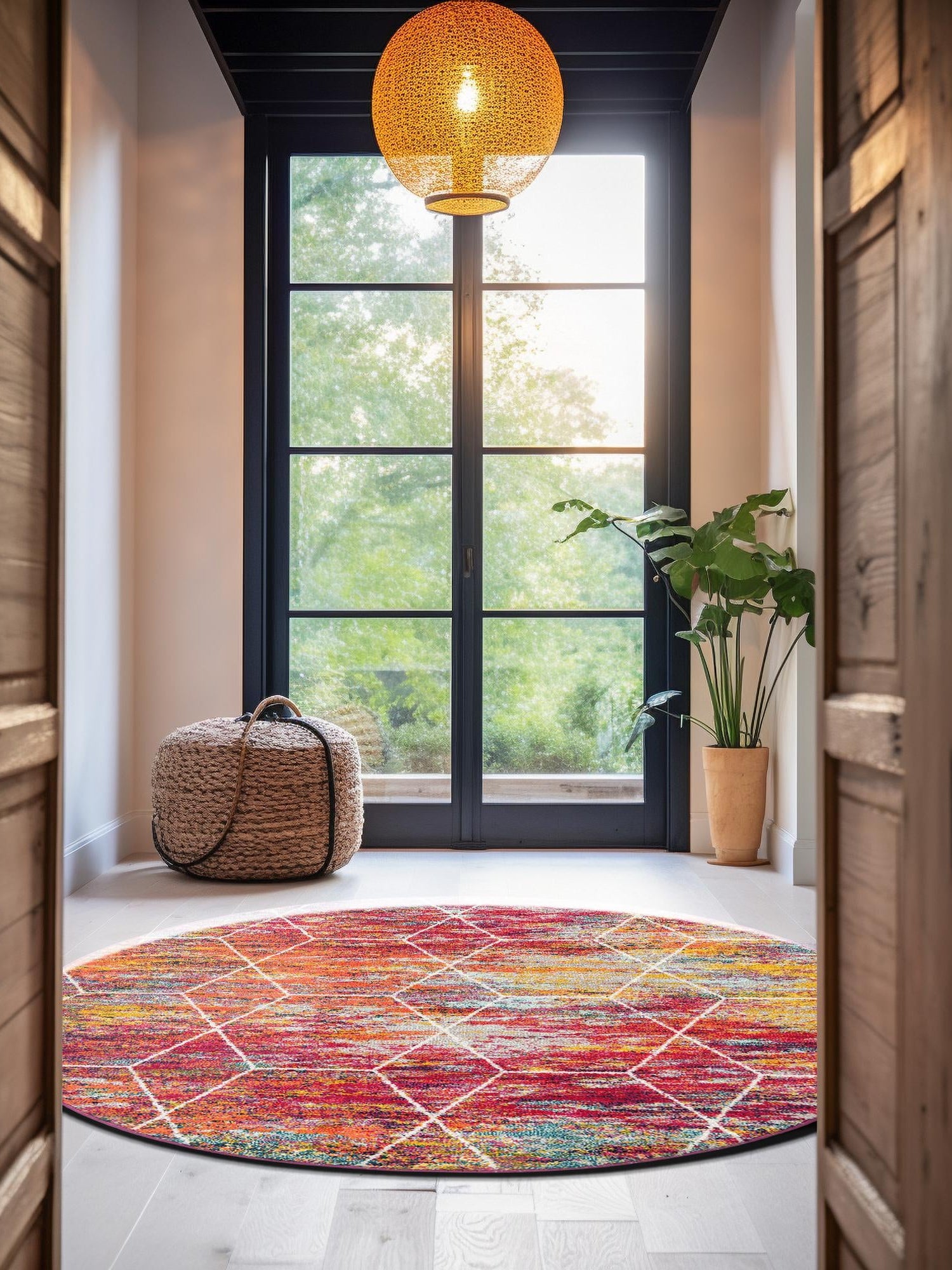 Multicolor 6' 1 x 6' 1 Trellis Frieze Round Area Rug Geometric Modern Unique Stain Resistant Easy Clean Carpet for Living, Dining, Bedrooms, Office for Sale at Rug Engine