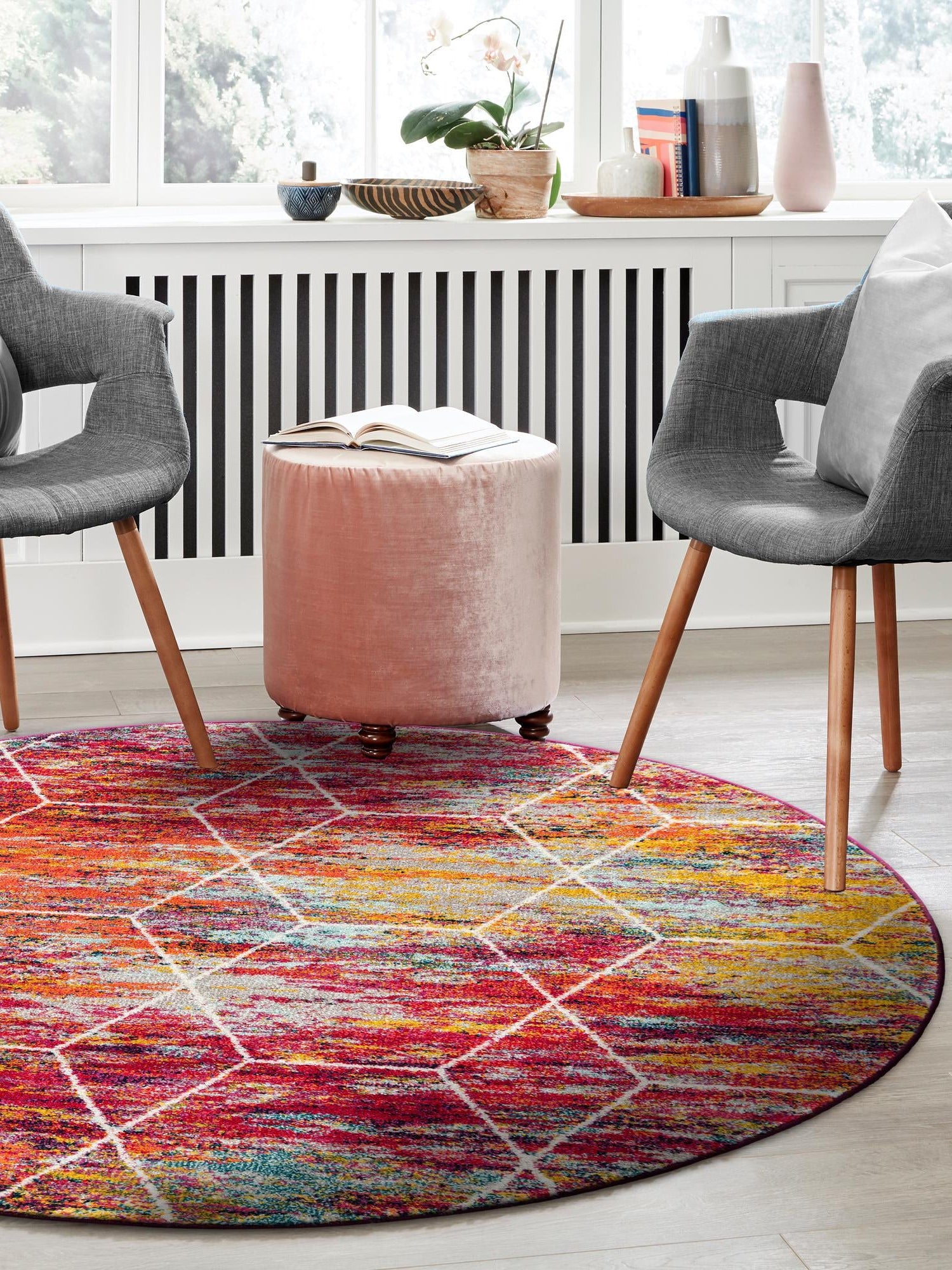 Multicolor 5' 3 x 5' 3 Trellis Frieze Round Area Rug Geometric Modern Unique Stain Resistant Easy Clean Carpet for Living, Dining, Bedrooms, Office for Sale at Rug Engine