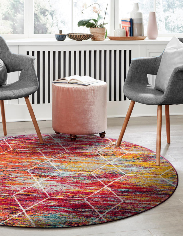 Multicolor 5' 3 x 5' 3 Trellis Frieze Round Area Rug Geometric Modern Unique Stain Resistant Easy Clean Carpet for Living, Dining, Bedrooms, Office for Sale at Rug Engine