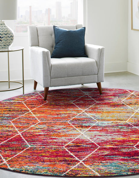 Multicolor 7' 1 x 7' 1 Trellis Frieze Round Area Rug Geometric Modern Unique Stain Resistant Easy Clean Carpet for Living, Dining, Bedrooms, Office for Sale at Rug Engine