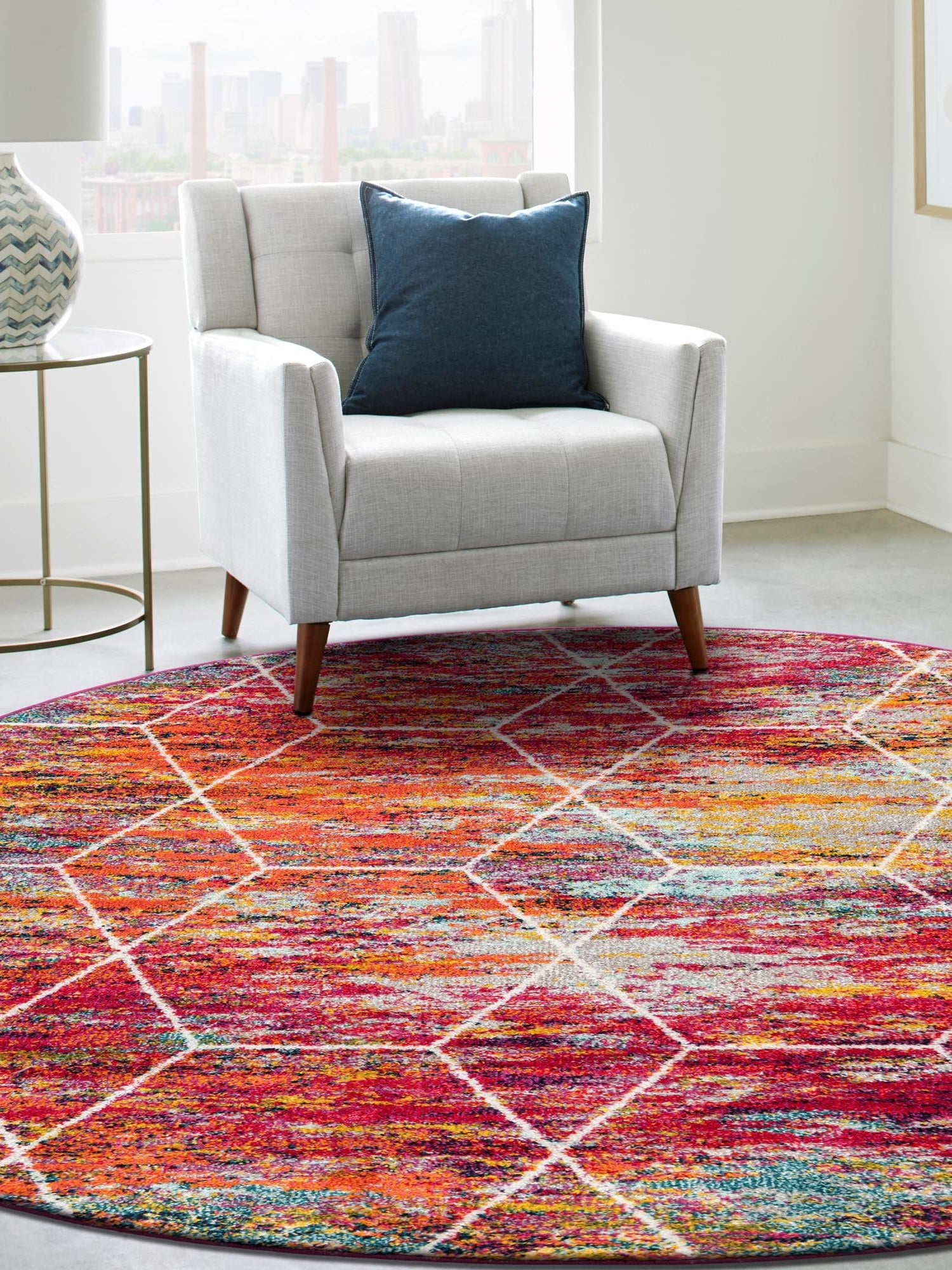 Multicolor 5' 3 x 5' 3 Trellis Frieze Round Area Rug Geometric Modern Unique Stain Resistant Easy Clean Carpet for Living, Dining, Bedrooms, Office for Sale at Rug Engine
