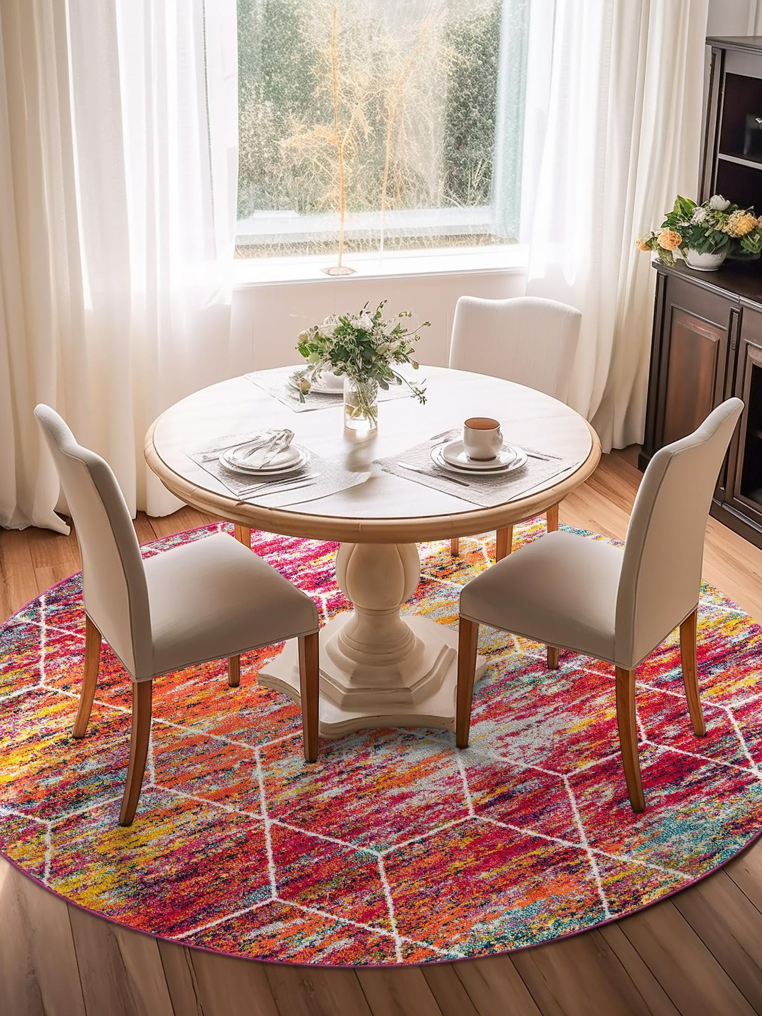 Multicolor 5' 3 x 5' 3 Trellis Frieze Round Area Rug Geometric Modern Unique Stain Resistant Easy Clean Carpet for Living, Dining, Bedrooms, Office for Sale at Rug Engine