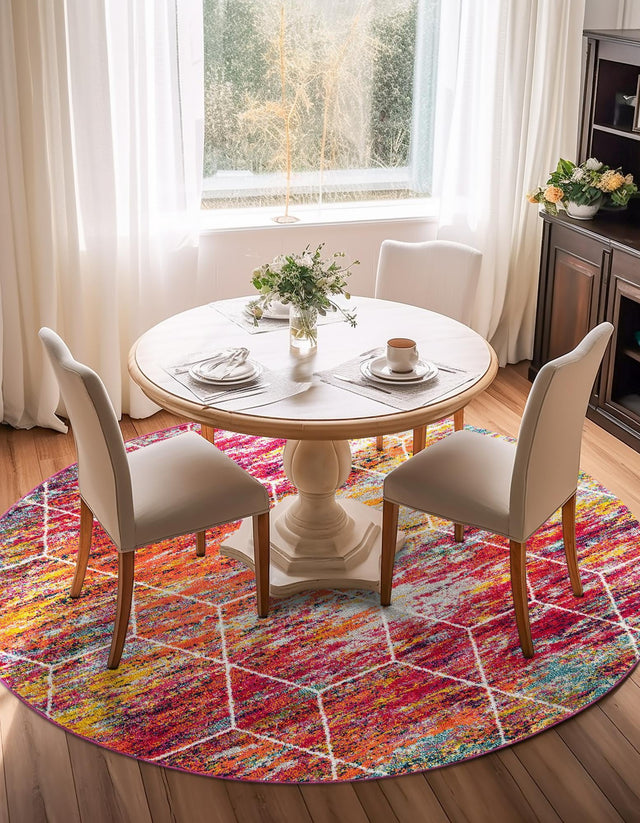 Multicolor 5' 3 x 5' 3 Trellis Frieze Round Area Rug Geometric Modern Unique Stain Resistant Easy Clean Carpet for Living, Dining, Bedrooms, Office for Sale at Rug Engine