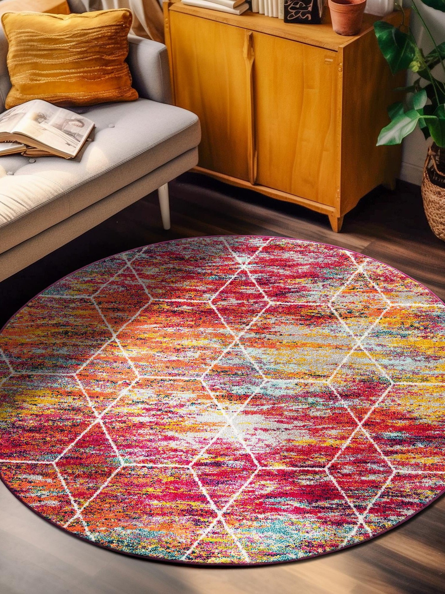 Multicolor 5' 3 x 5' 3 Trellis Frieze Round Area Rug Geometric Modern Unique Stain Resistant Easy Clean Carpet for Living, Dining, Bedrooms, Office for Sale at Rug Engine