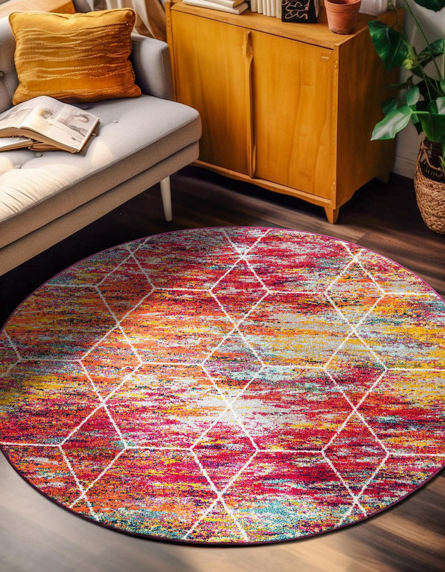 Multicolor 5' 3 x 5' 3 Trellis Frieze Round Area Rug Geometric Modern Unique Stain Resistant Easy Clean Carpet for Living, Dining, Bedrooms, Office for Sale at Rug Engine