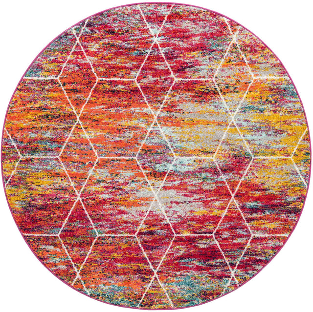 Multicolor 6' 1 x 6' 1 Trellis Frieze Round Area Rug Geometric Modern Unique Stain Resistant Easy Clean Carpet for Living, Dining, Bedrooms, Office for Sale at Rug Engine