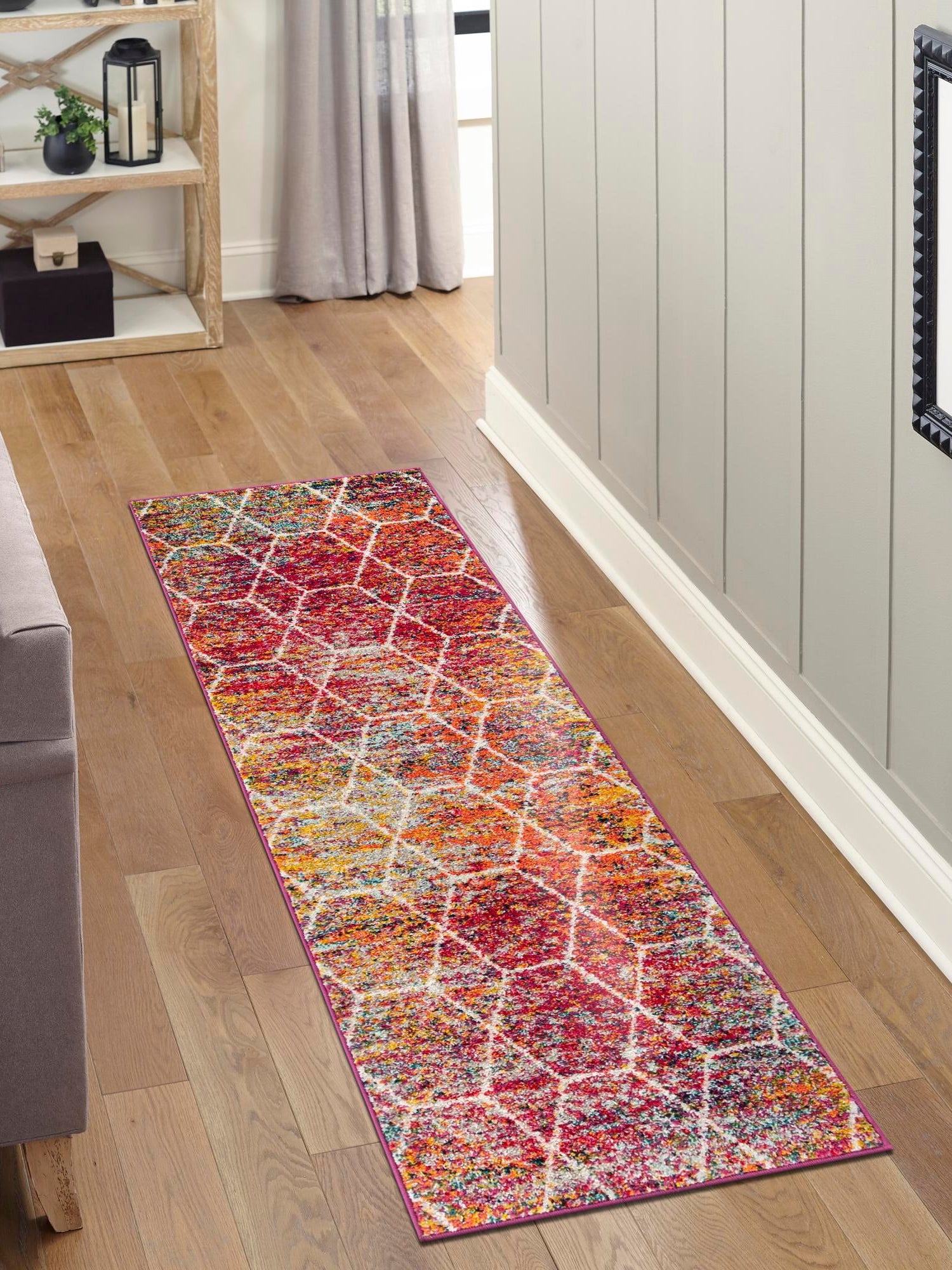 Multicolor 2' x 7' 1 Trellis Frieze Runner Area Rug Geometric Modern Unique Stain Resistant Easy Clean Carpet for Living, Dining, Bedrooms, Office for Sale at Rug Engine