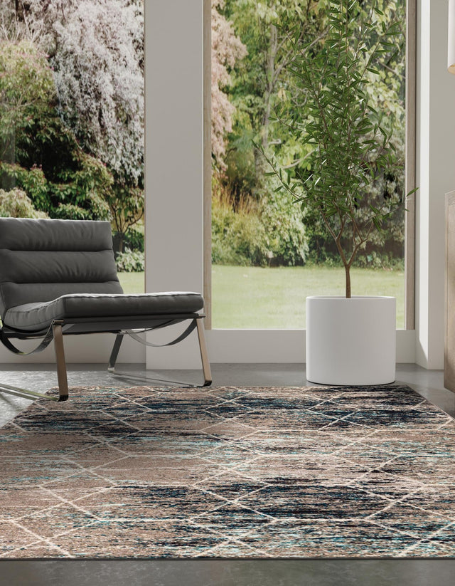 Blue Multicolor 7' 1 x 10' Trellis Frieze Rectangle Area Rug Geometric Modern Unique Stain Resistant Easy Clean Carpet for Living, Dining, Bedrooms, Office for Sale at Rug Engine