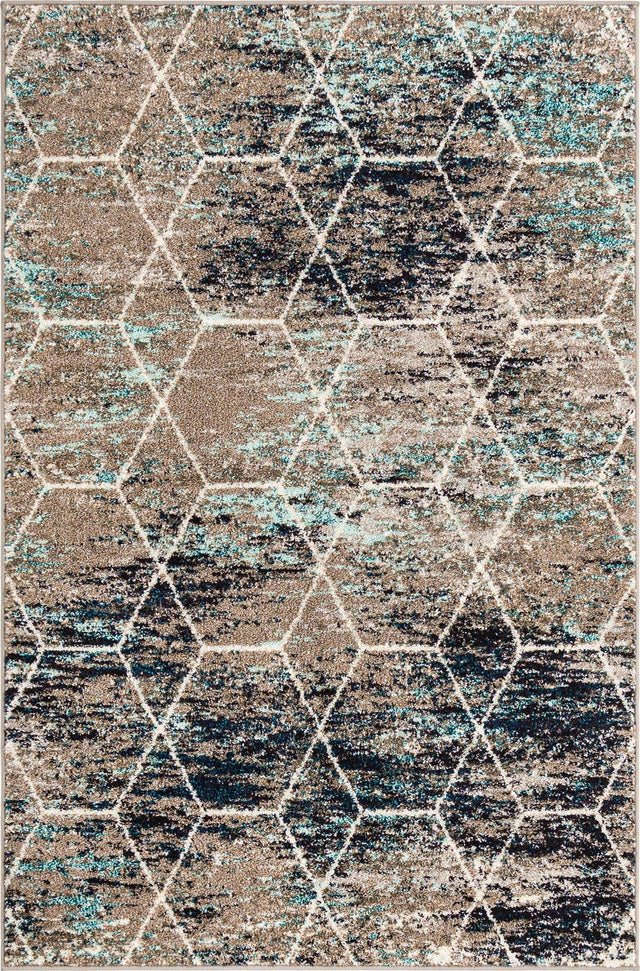 Blue Multicolor 4' 1 x 6' 1 Trellis Frieze Rectangle Area Rug Geometric Modern Unique Stain Resistant Easy Clean Carpet for Living, Dining, Bedrooms, Office for Sale at Rug Engine