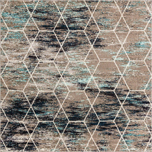 Blue Multicolor 7' 10 x 7' 10 Trellis Frieze Square Area Rug Geometric Modern Unique Stain Resistant Easy Clean Carpet for Living, Dining, Bedrooms, Office for Sale at Rug Engine