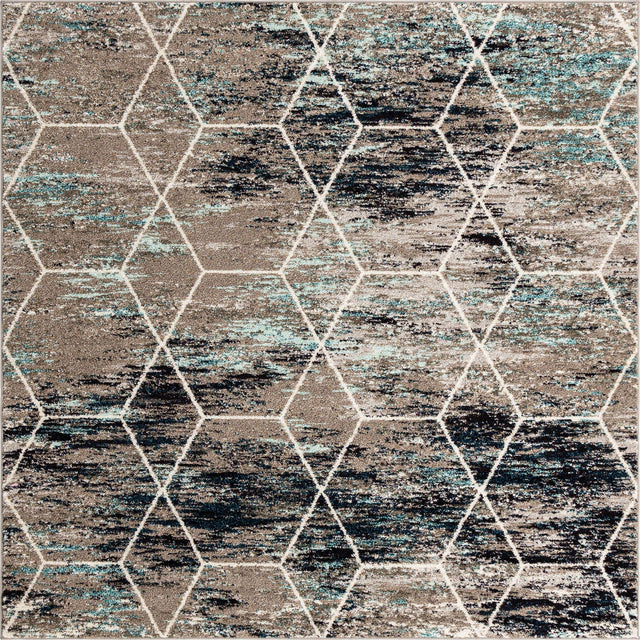 Blue Multicolor 7' 1 x 7' 1 Trellis Frieze Square Area Rug Geometric Modern Unique Stain Resistant Easy Clean Carpet for Living, Dining, Bedrooms, Office for Sale at Rug Engine