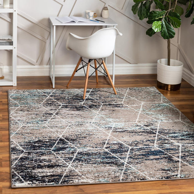 Blue Multicolor 5' 3 x 5' 3 Trellis Frieze Square Area Rug Geometric Modern Unique Stain Resistant Easy Clean Carpet for Living, Dining, Bedrooms, Office for Sale at Rug Engine