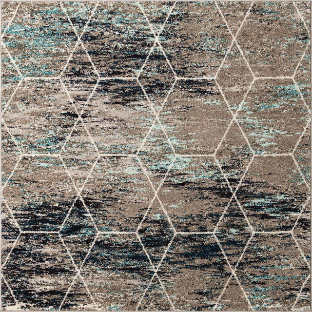 Blue Multicolor 6' 1 x 6' 1 Trellis Frieze Square Area Rug Geometric Modern Unique Stain Resistant Easy Clean Carpet for Living, Dining, Bedrooms, Office for Sale at Rug Engine