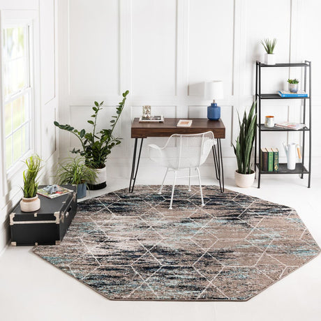 Blue Multicolor 4' 1 x 4' 1 Trellis Frieze Octagon Area Rug Geometric Modern Unique Stain Resistant Easy Clean Carpet for Living, Dining, Bedrooms, Office for Sale at Rug Engine