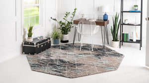 Blue Multicolor 7' 10 x 7' 10 Trellis Frieze Octagon Area Rug Geometric Modern Unique Stain Resistant Easy Clean Carpet for Living, Dining, Bedrooms, Office for Sale at Rug Engine