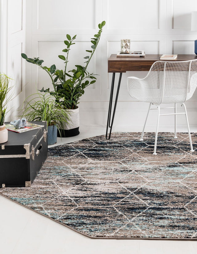 Blue Multicolor 7' 10 x 7' 10 Trellis Frieze Octagon Area Rug Geometric Modern Unique Stain Resistant Easy Clean Carpet for Living, Dining, Bedrooms, Office for Sale at Rug Engine